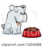 Cute Bulldog Puppy Dog And Food Bowl