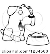 Black And White Cute Rottweiler Puppy Dog With A Food Bowl