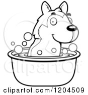 Poster, Art Print Of Black And White Cute Husky Puppy Dog Taking A Bath