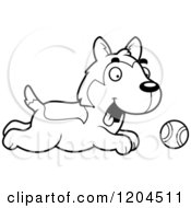 Cartoon Of A Black And White Cute Husky Puppy Dog Chasing A Ball Royalty Free Vector Clipart by Cory Thoman