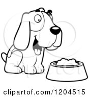 Cartoon Of A Black And White Cute Hound Dog By A Food Bowl Royalty Free Vector Clipart