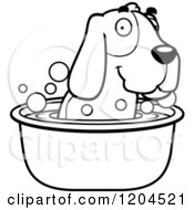 Cartoon Of A Black And White Cute Hound Dog Taking A Bath Royalty Free Vector Clipart