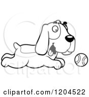 Poster, Art Print Of Black And White Cute Hound Dog Chasing A Tennis Ball