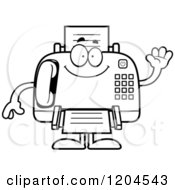Cartoon Of A Black And White Waving Fax Machine Royalty Free Vector Clipart