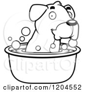 Cartoon Of A Black And White Cute Boxer Puppy Dog Taking A Bath Royalty Free Vector Clipart