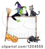 Poster, Art Print Of Witch Pointing Down To A White Board Sign With Black Cats Halloween Pumpkins And A Broomstick