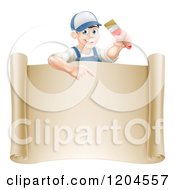 Poster, Art Print Of Happy Male House Painter Holding A Brush And Pointing Over A Scroll Sign