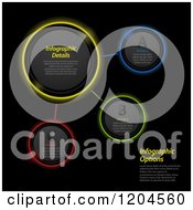 Clipart Of Glowing Colorful Neon Infographic Button Circles On Black With Sample Text Royalty Free Vector Illustration