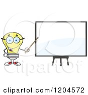 Happy Yellow Light Bulb Mascot Teacher Pointing To A White Board