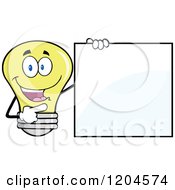 Happy Yellow Light Bulb Mascot Pointing To A Sign 2