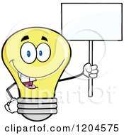 Cartoon Of A Happy Yellow Light Bulb Mascot Holding A Sign 4 Royalty Free Vector Clipart