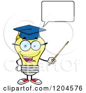 Happy Yellow Light Bulb Mascot Professor Talking And Using A Pointer Stick