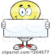 Cartoon Of A Happy Yellow Light Bulb Mascot Holding A Sign Royalty Free Vector Clipart