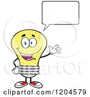 Poster, Art Print Of Happy Talking And Waving Yellow Light Bulb Mascot