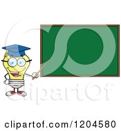 Happy Yellow Light Bulb Mascot Professor Pointing To A Chalk Board