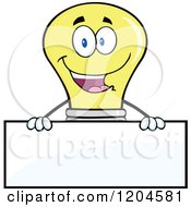 Poster, Art Print Of Happy Yellow Light Bulb Mascot Over A Sign