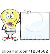 Happy Yellow Light Bulb Mascot Pointing To A Sign