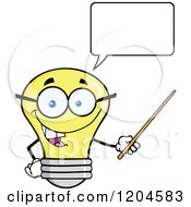 Happy Talking Yellow Light Bulb Mascot Teacher Using A Pointer Stick 2