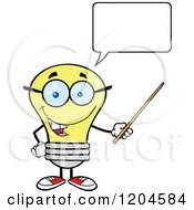 Cartoon Of A Happy Talking Yellow Light Bulb Mascot Teacher Using A Pointer Stick Royalty Free Vector Clipart