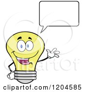 Cartoon Of A Happy Yellow Light Bulb Mascot Talking And Waving Royalty Free Vector Clipart
