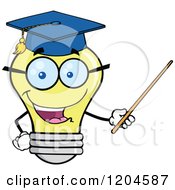 Happy Yellow Light Bulb Mascot Professor Using A Pointer Stick 2