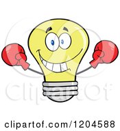 Poster, Art Print Of Happy Yellow Light Bulb Mascot Fighter Wearing Boxing Gloves