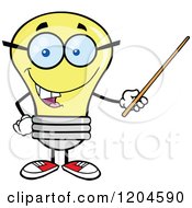 Happy Yellow Light Bulb Mascot Teacher Using A Pointer Stick