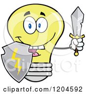 Cartoon Of A Happy Yellow Light Bulb Mascot Guard With A Shield And Sword Royalty Free Vector Clipart