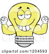 Poster, Art Print Of Happy Yellow Light Bulb Mascot Flexing Muscles
