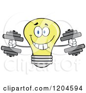 Poster, Art Print Of Happy Yellow Light Bulb Mascot Weightlifting Dumbbells