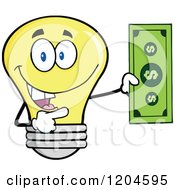 Happy Yellow Light Bulb Mascot Holding A Dollar Bill 2