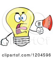 Poster, Art Print Of Yellow Light Bulb Mascot Announcing With A Megaphone 2
