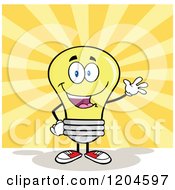Happy Waving Yellow Light Bulb Mascot Over Rays