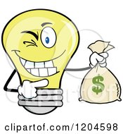 Poster, Art Print Of Winking Yellow Light Bulb Mascot Holding A Money Sack