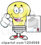 Poster, Art Print Of Happy Yellow Light Bulb Mascot Pointing And Holding A Contract