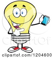 Happy Yellow Light Bulb Mascot Pointing To A Tablet Computer