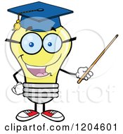 Happy Yellow Light Bulb Mascot Professor Using A Pointer Stick