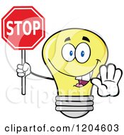 Poster, Art Print Of Happy Yellow Light Bulb Mascot Holding A Stop Sign 2