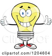 Happy Yellow Light Bulb Mascot Holding Two Thumbs Up