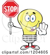 Happy Yellow Light Bulb Mascot Holding A Stop Sign