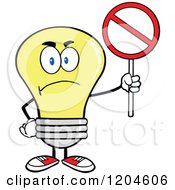 Mad Yellow Light Bulb Mascot Holding A Forbidden Sign