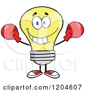 Cartoon Of A Yellow Light Bulb Mascot Wearing Boxing Gloves Royalty Free Vector Clipart by Hit Toon