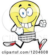 Cartoon Of A Happy Yellow Light Bulb Mascot Running Royalty Free Vector Clipart by Hit Toon