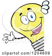 Happy Yellow Light Bulb Mascot Waving Around A Sign