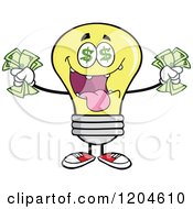 Rich Yellow Light Bulb Mascot Holding Cash