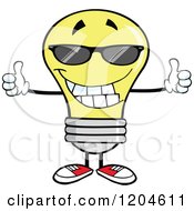Happy Yellow Light Bulb Mascot Wearing Sunglasses And Holding Two Thumbs Up