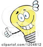 Happy Yellow Light Bulb Mascot Holding A Thumb Up Around A Sign