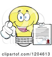 Happy Yellow Light Bulb Mascot Pointing And Holding A Contract 2