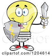 Happy Yellow Light Bulb Mascot With A Sword And Shield