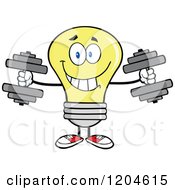 Happy Yellow Light Bulb Mascot Lifting Dumbbell Weights